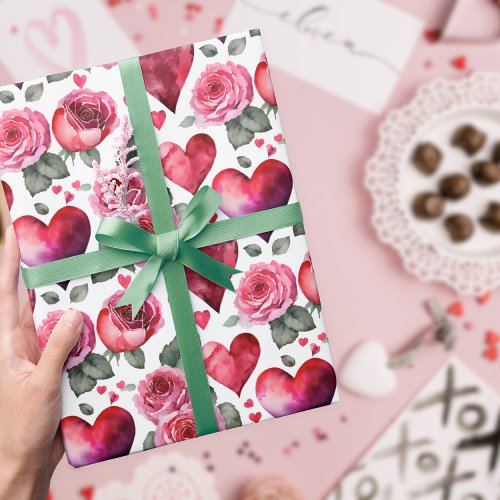 Romantic Red Pink Rose  Hearts Watercolor Pattern Wrapping Paper