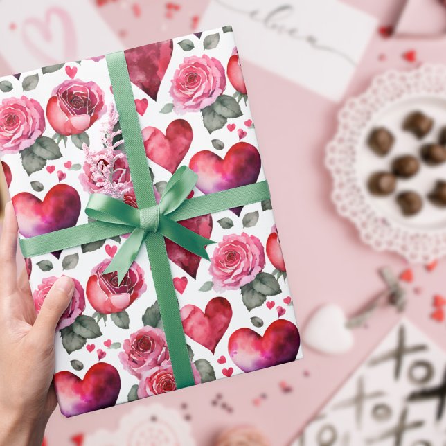 Romantic Red Pink Rose & Hearts Watercolor Pattern Wrapping Paper (Creator Uploaded)