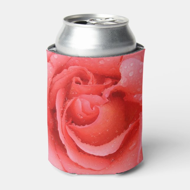 Romantic Red Pink Rose Water Drops Can Cooler (Can Front)