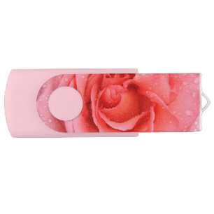 Romantic Red Pink Rose Water Drops Flash Drive