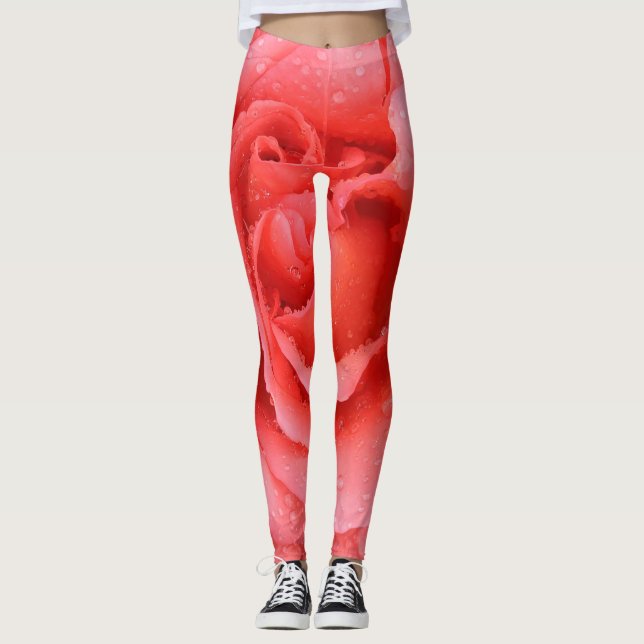Romantic Red Pink Rose Water Drops Leggings (Front)