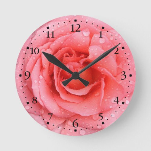 Romantic Red Pink Rose Water Drops Round Clock