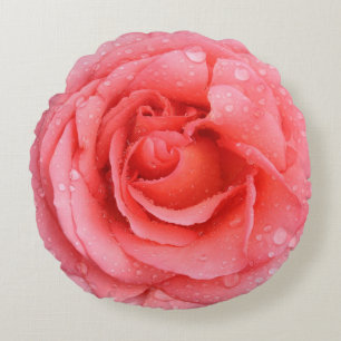 Romantic Red Pink Rose Water Drops Round Pillow