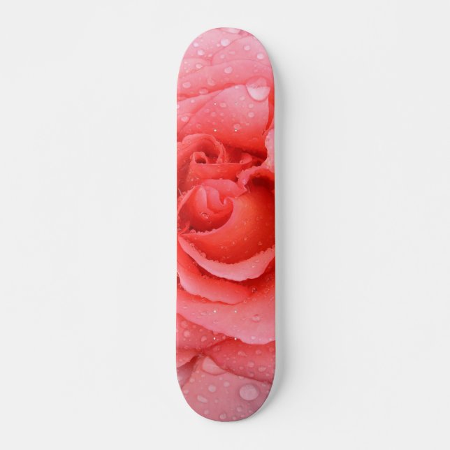 Romantic Red Pink Rose Water Drops Skateboard Deck (Front)