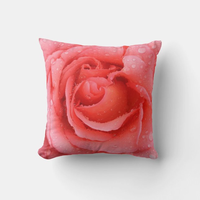 Romantic Red Pink Rose Water Drops Throw Pillow (Front)
