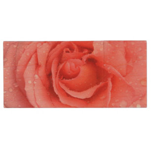 Romantic Red Pink Rose Water Drops Wood USB Flash Drive