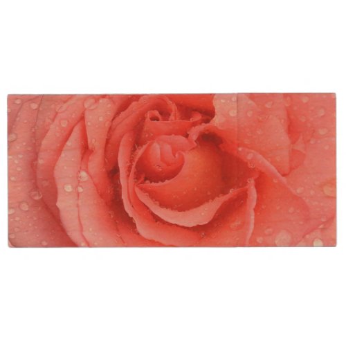 Romantic Red Pink Rose Water Drops Wood USB Flash Drive