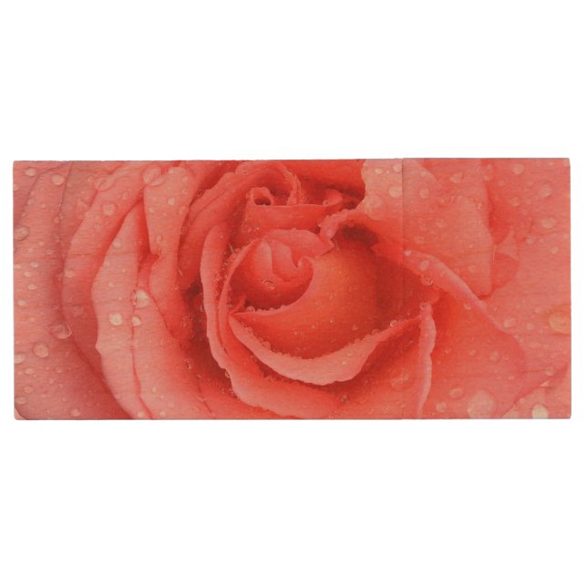Romantic Red Pink Rose Water Drops Wood USB Flash Drive (Front)