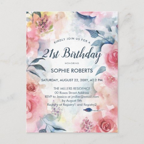 Romantic Red Pink Watercolor Floral 21st Birthday Invitation Postcard
