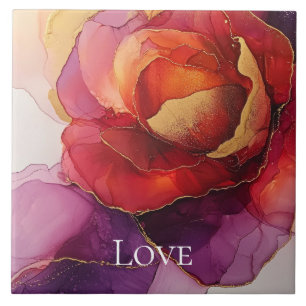 Romantic Red Purple Gold Floral Love Ceramic Tile