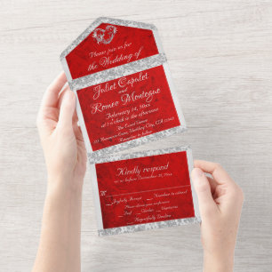 Romantic Red, Ribbon & Glitter Border & Heart All In One Invitation