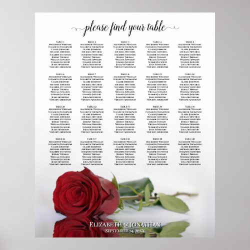 Romantic Red Rose 20 Table Wedding Seating Chart