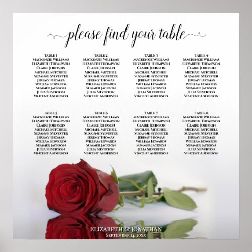 Romantic Red Rose 8 Table Wedding Seating Chart