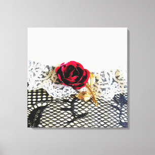 Romantic red rose and white lace canvas print