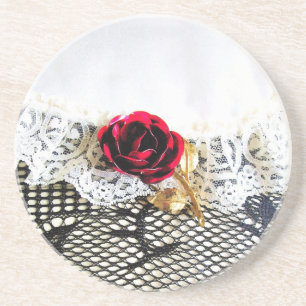 Romantic red rose and white lace drink coaster