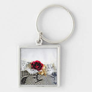 Romantic red rose and white lace keychain