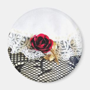 Romantic red rose and white lace magnet