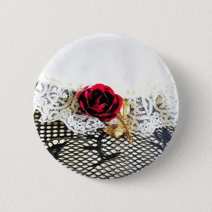 Romantic red rose and white lace pinback button