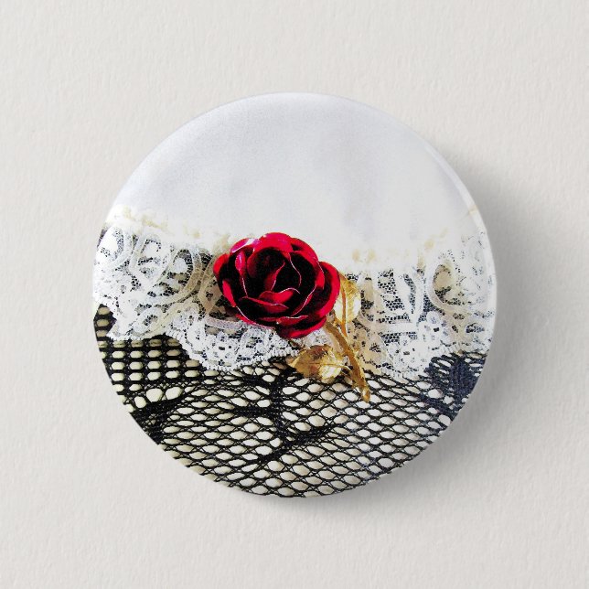 Romantic red rose and white lace pinback button (Front)