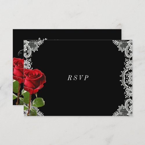 Romantic Red Rose Beautiful White Lace Wedding RSVP Card