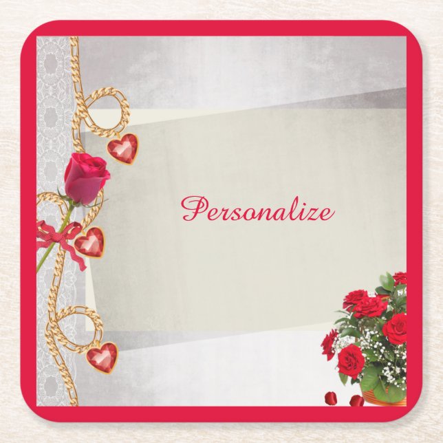 Romantic Red Rose Bouquet Hearts Personalized Square Paper Coaster (Front)