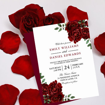 Romantic Red Rose Burgundy Elegant Wedding Invitation by Nicheandnest at Zazzle