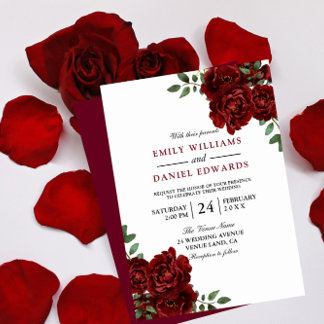 Romantic Red Rose Burgundy Elegant Wedding Invitation