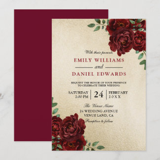Romantic Red Rose Burgundy Golden Elegant Wedding Invitation