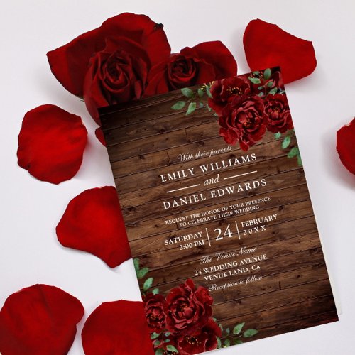 Romantic Red Rose Burgundy Rustic Wood wedding Invitation