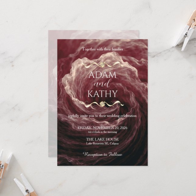 Romantic Red Rose Burgundy Wedding Invitation (Front/Back In Situ)