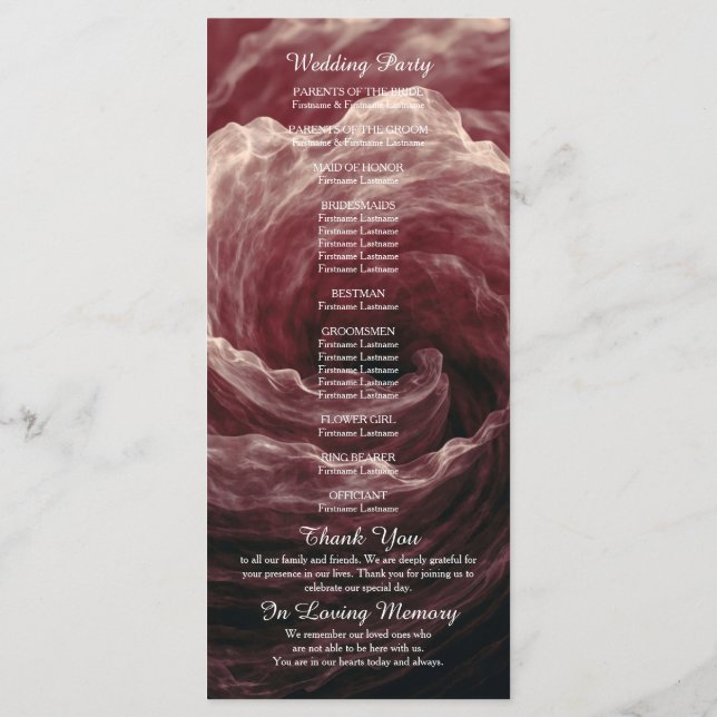 Romantic Red Rose Burgundy Wedding Program (Back)