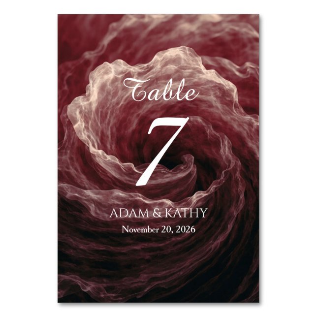 Romantic Red Rose Burgundy Wedding Table Number (Front)