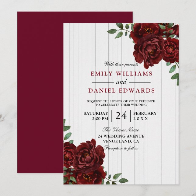 Romantic Red Rose Burgundy Wood Wedding Invite (Front/Back)