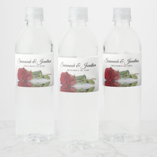 Romantic Red Rose Couple's Names Elegant Wedding Water Bottle Label