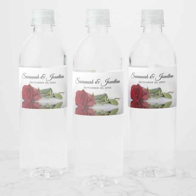 Romantic Red Rose Couple's Names Elegant Wedding Water Bottle Label (Bottles)