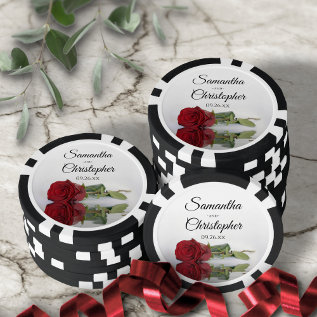 Romantic Red Rose Couple's Names & Wedding Date Poker Chips at Zazzle