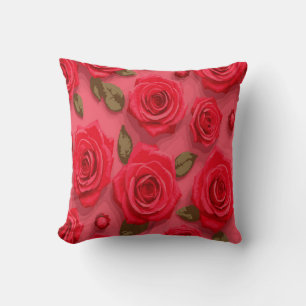 Romantic Red Rose Design – Lush Green Leaves Throw Pillow