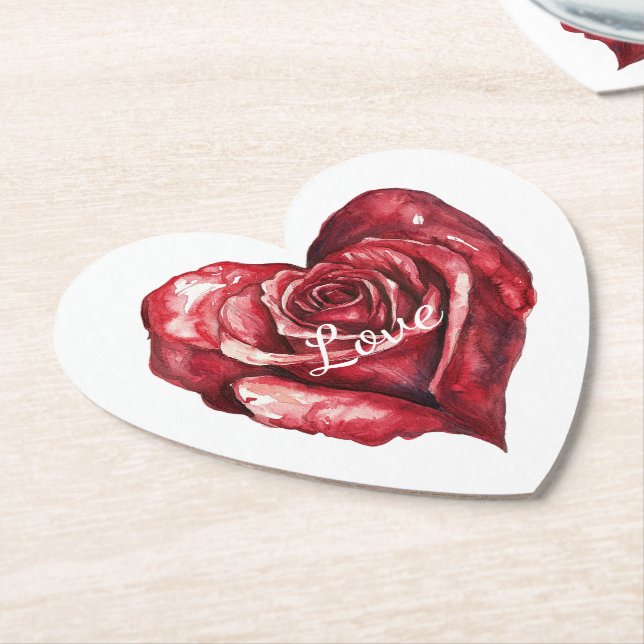 Romantic Red Rose Floral Heart Wedding Paper Coaster (Angled)