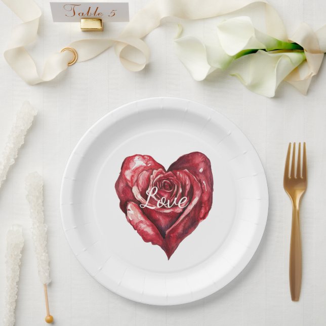 Romantic Red Rose Floral Heart Wedding Paper Plates (Wedding)