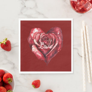 Romantic Red Rose Flower Heart Wedding Napkins