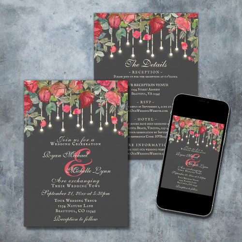 Romantic Red Rose Garden All In One Floral Wedding Invitation