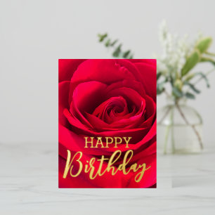 Romantic Red Rose Happy Birthday Real Gold Foil Holiday Postcard