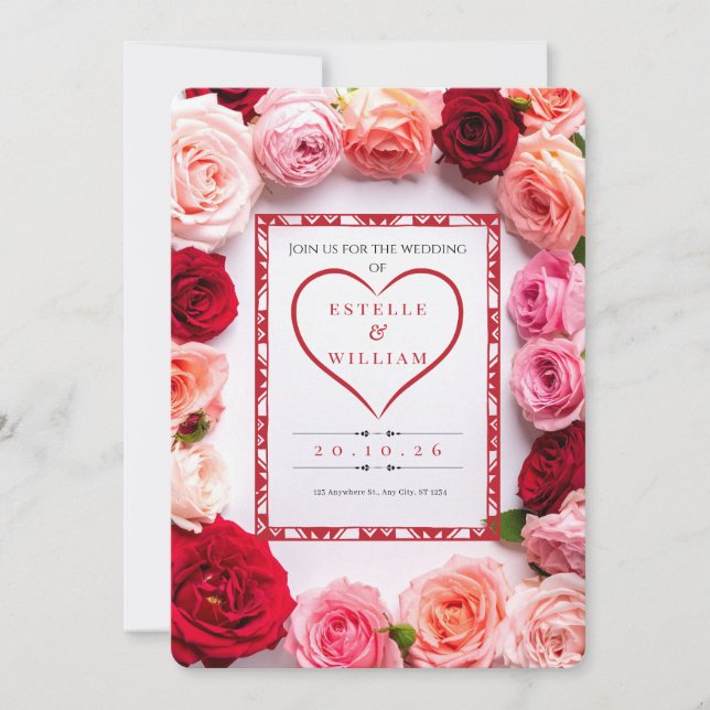 Romantic Red Rose Heart Border Wedding Invitation (Front)