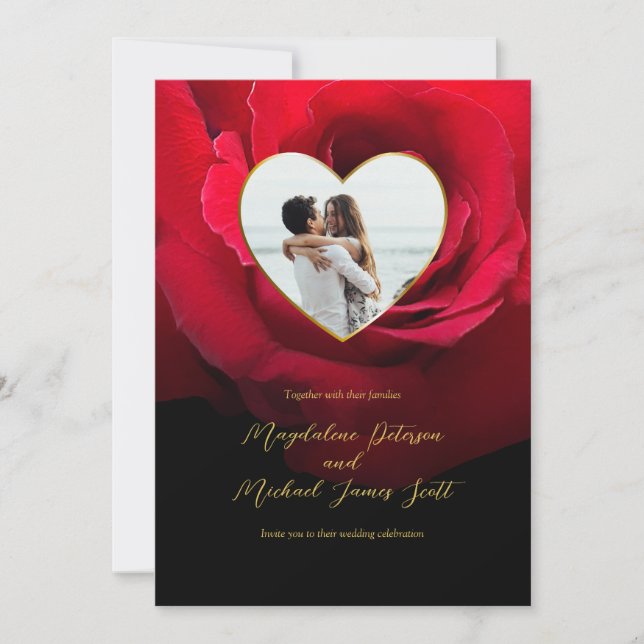 Romantic Red Rose Heart Photo Frame Wedding Invitation (Front)