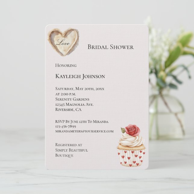 Romantic Red Rose Hearts Cupcake Bridal Shower Invitation (Standing Front)