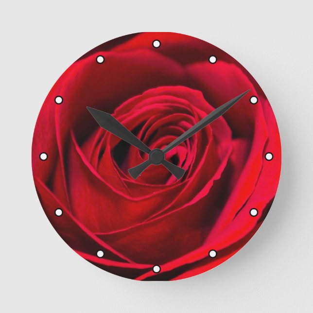 Romantic Red Rose in full bloom with Dots Round Clock (Front)