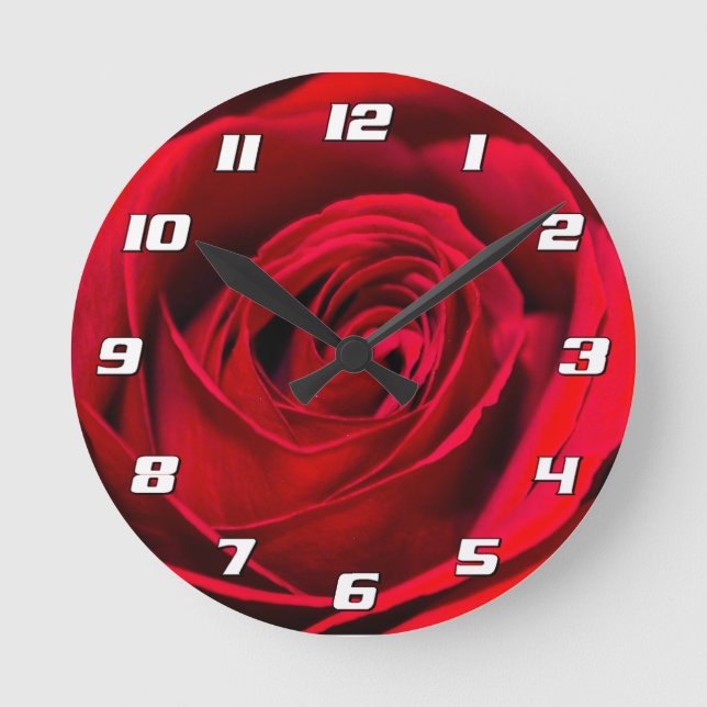 Romantic Red Rose in full bloom with Numbers Round Clock (Front)
