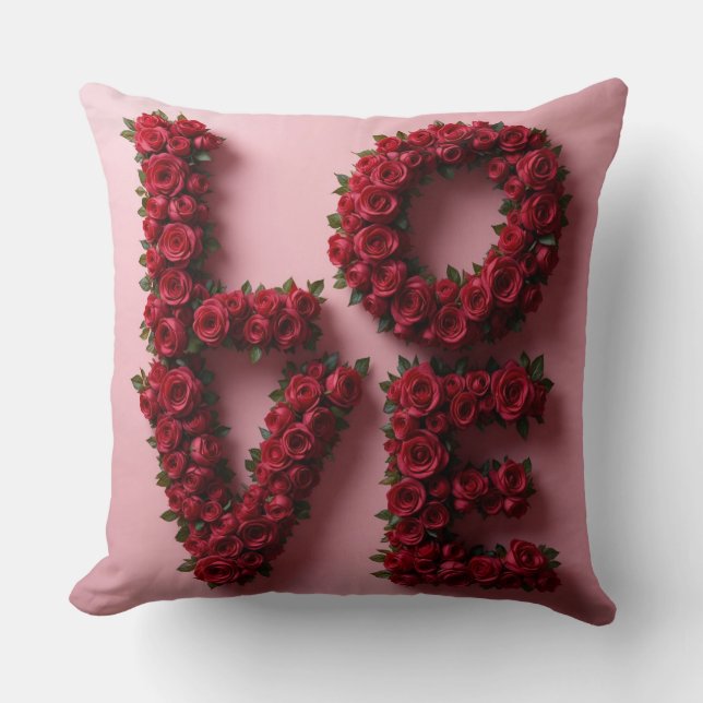 Romantic Red Rose 'LOVE' Floral Pillow (Front)