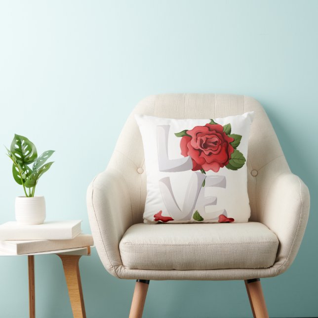 Romantic Red Rose Love Typography Botanical Throw Pillow (Chair)