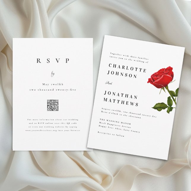 Romantic Red Rose Minimal Modern Wedding QR Code Invitation (Romantic elegant red rose minimalist wedding QR code invitation simple Watercolor floral)